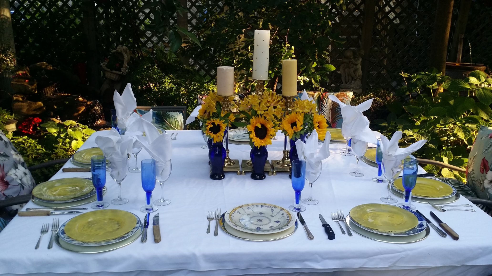 Outdoor dining table in a garden setting